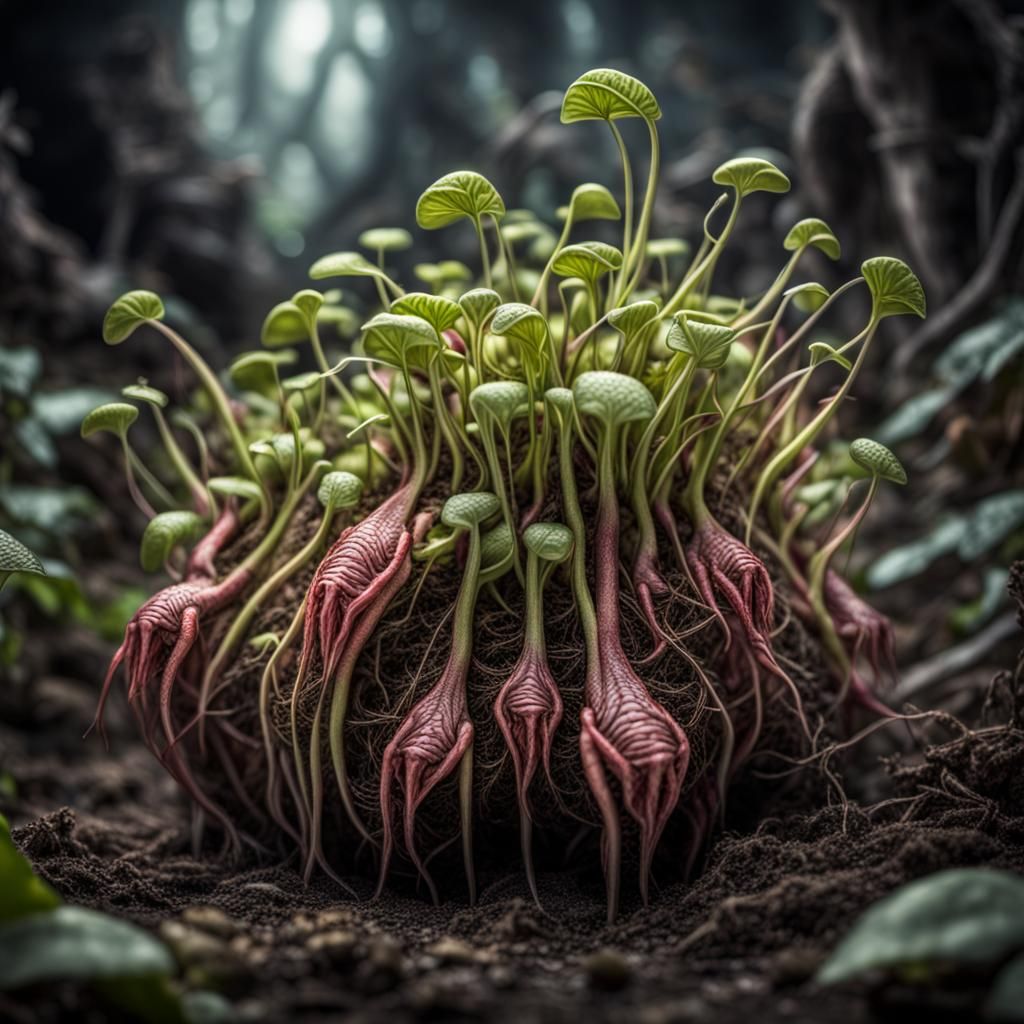 Carnivorous Seedlings: A Hyperrealistic Fantasy Scene