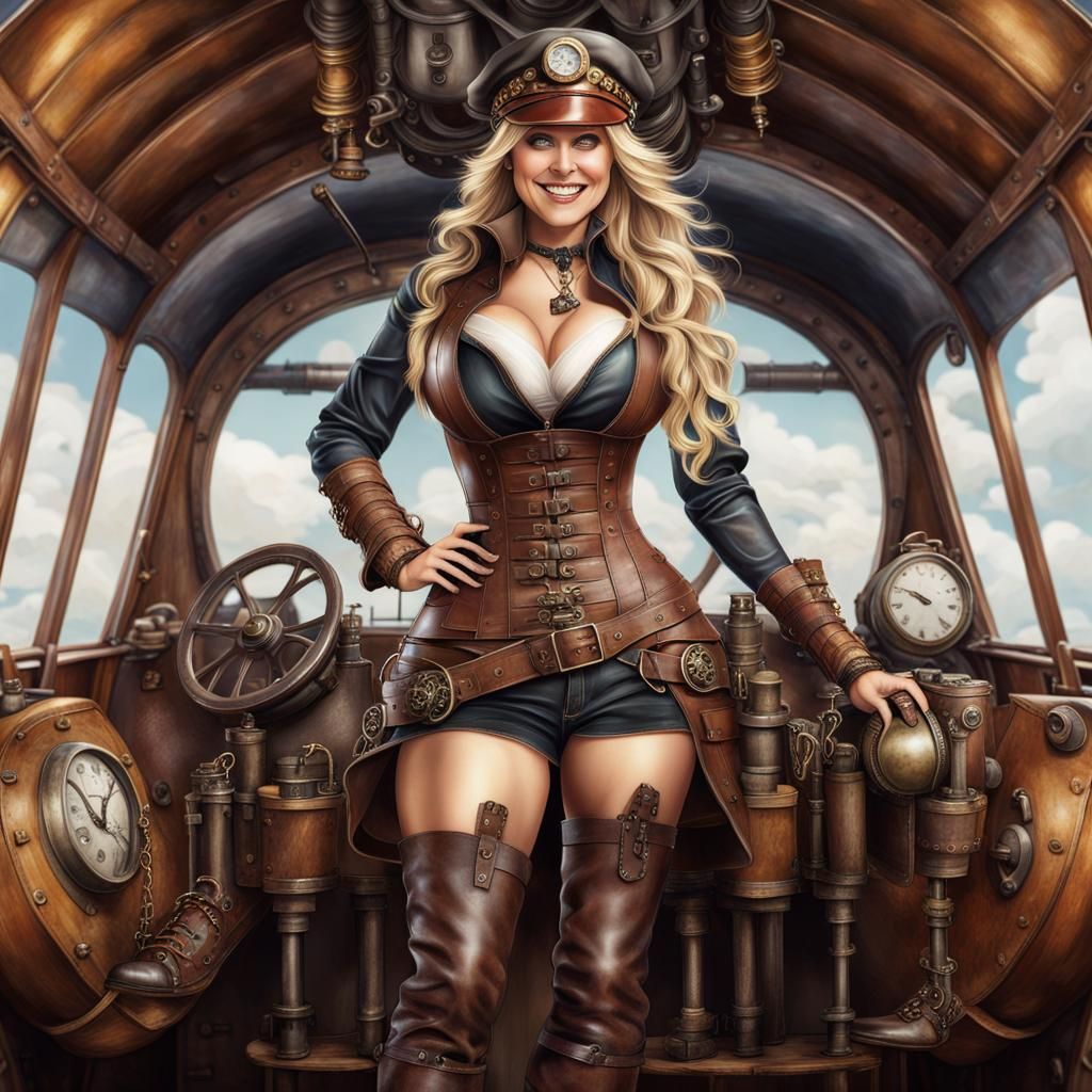 Curvy Woman on Airship in Steampunk Style