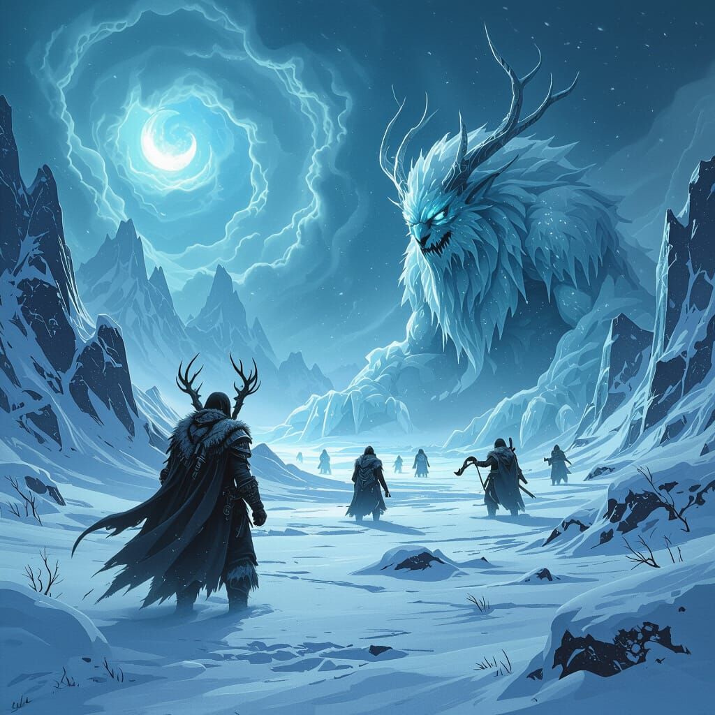 Icy Fantasy Creatures in Frozen Landscape