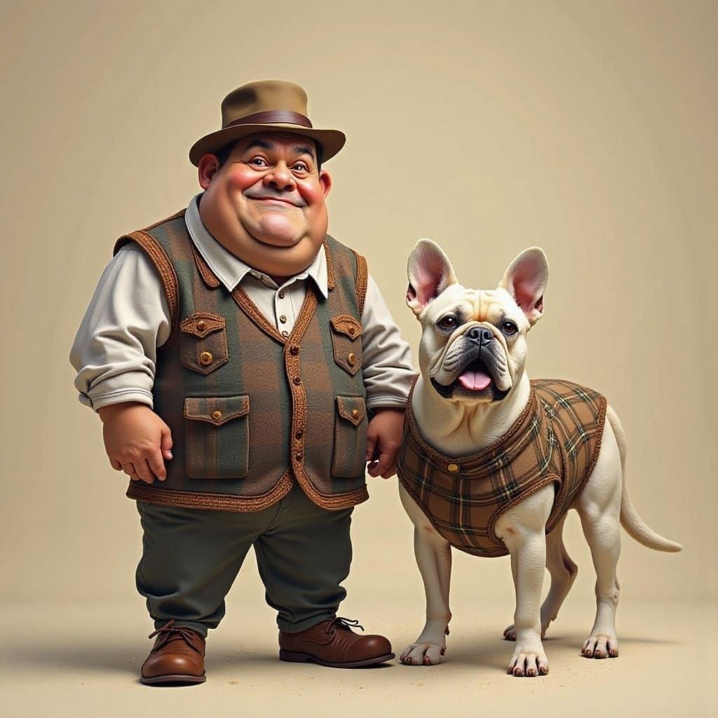 Chubby Man and Matching Bulldog in Plaid Outfits