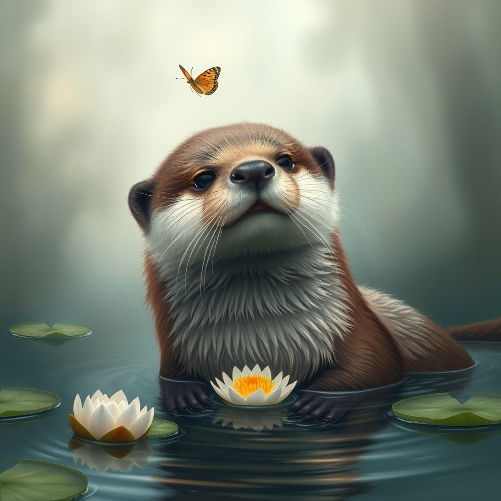 Realistic Otter with Butterfly on Nose in Serene Aquatic Set...