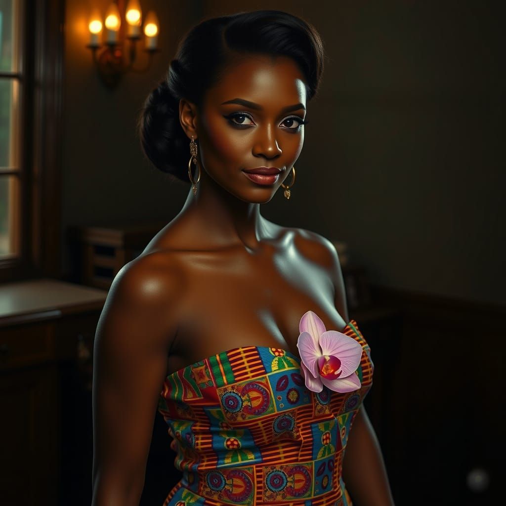 Elegant Nigerian Woman in Kente Dress with Orchid