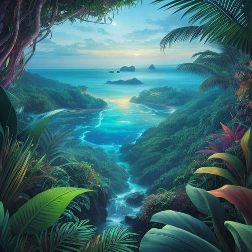 Jungle Overlooking Ocean at Dawn: Astral Illustration