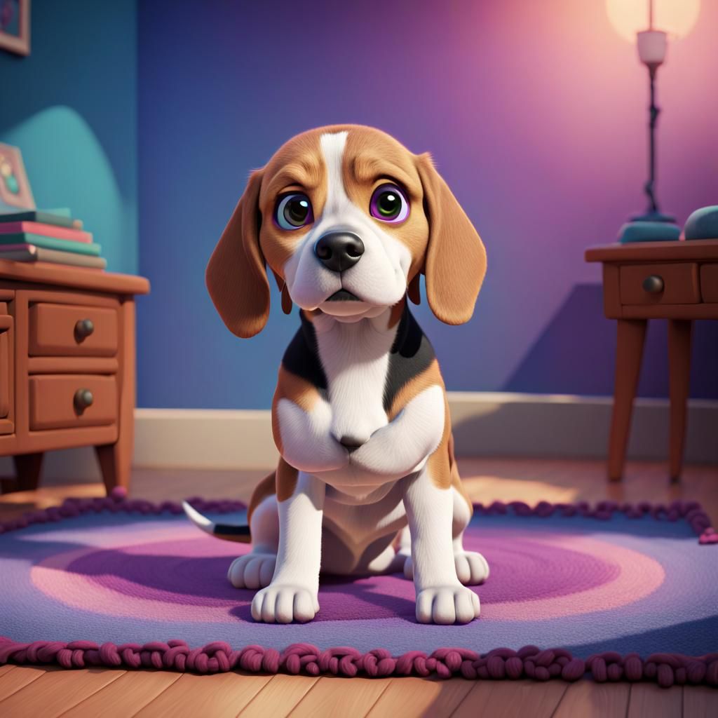 Cute Beagle on Rug in 3D Digital Art Style