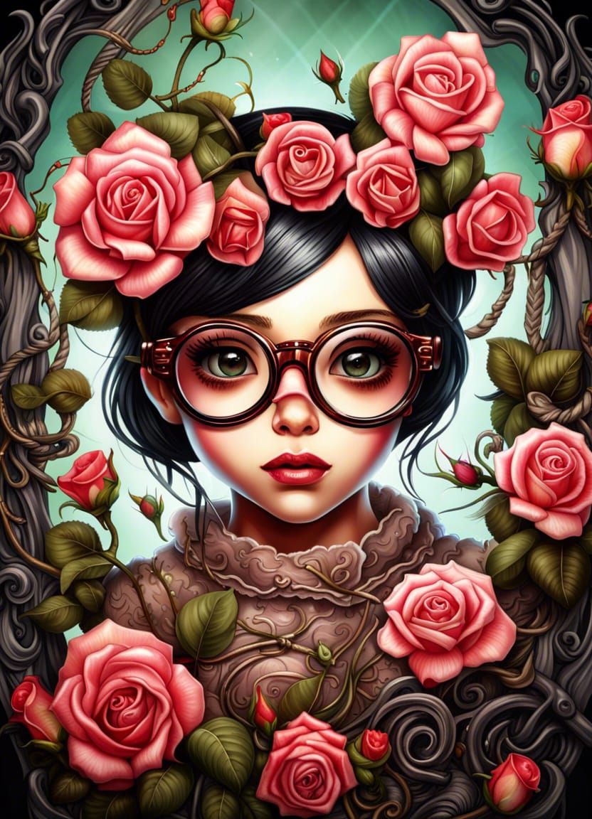 Cute Girl with Rose Vines in Hyperrealistic Style