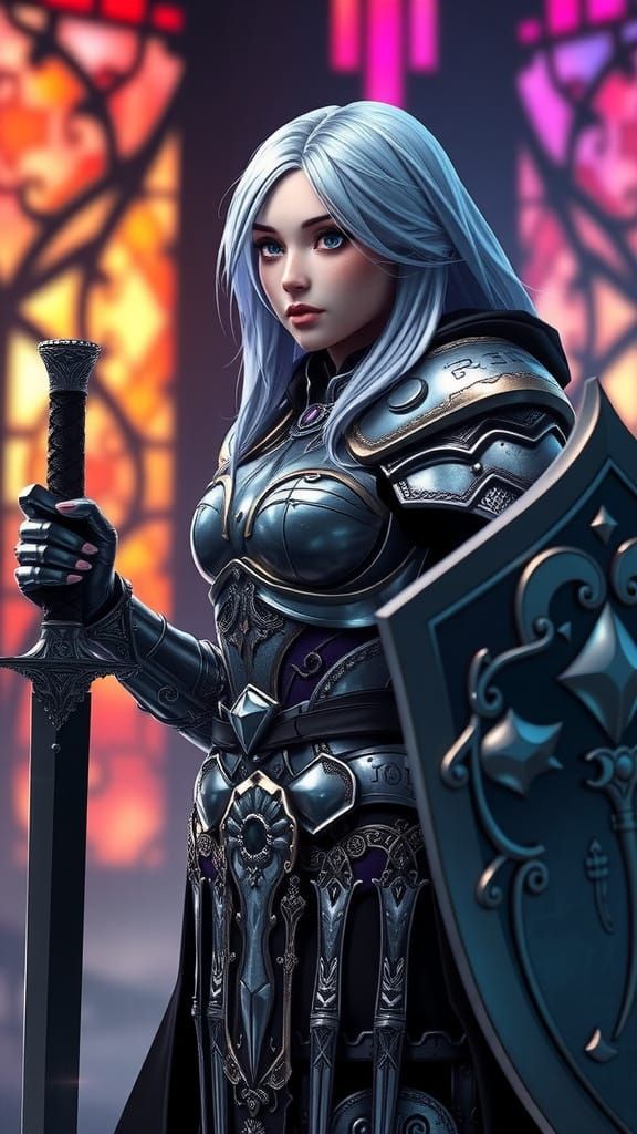 Heroic Aasimar Paladin in Cyberpunk Fantasy Armor