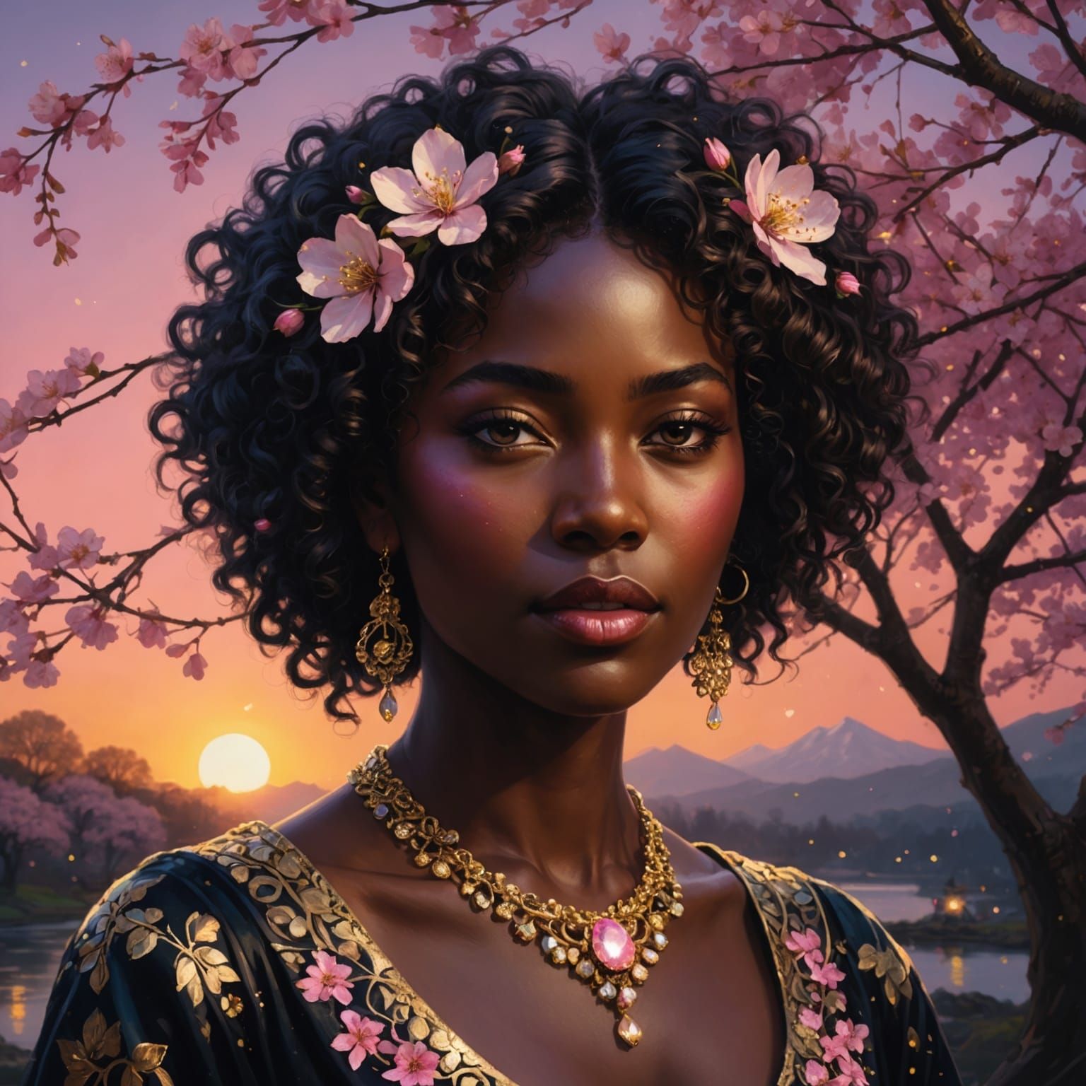 Floral Woman Portrait with Cherry Blossoms