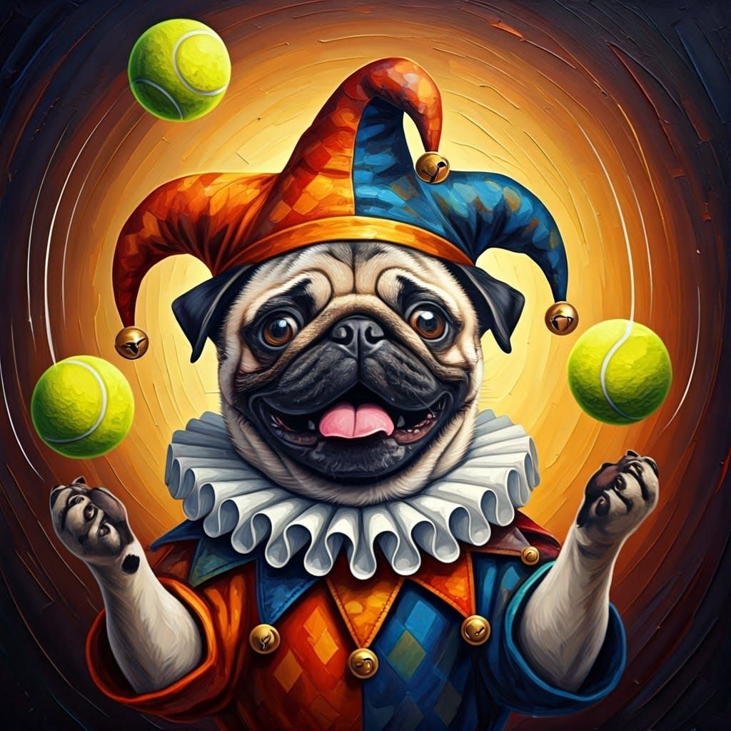 Joyful Pug Juggler in Vibrant Impasto Style