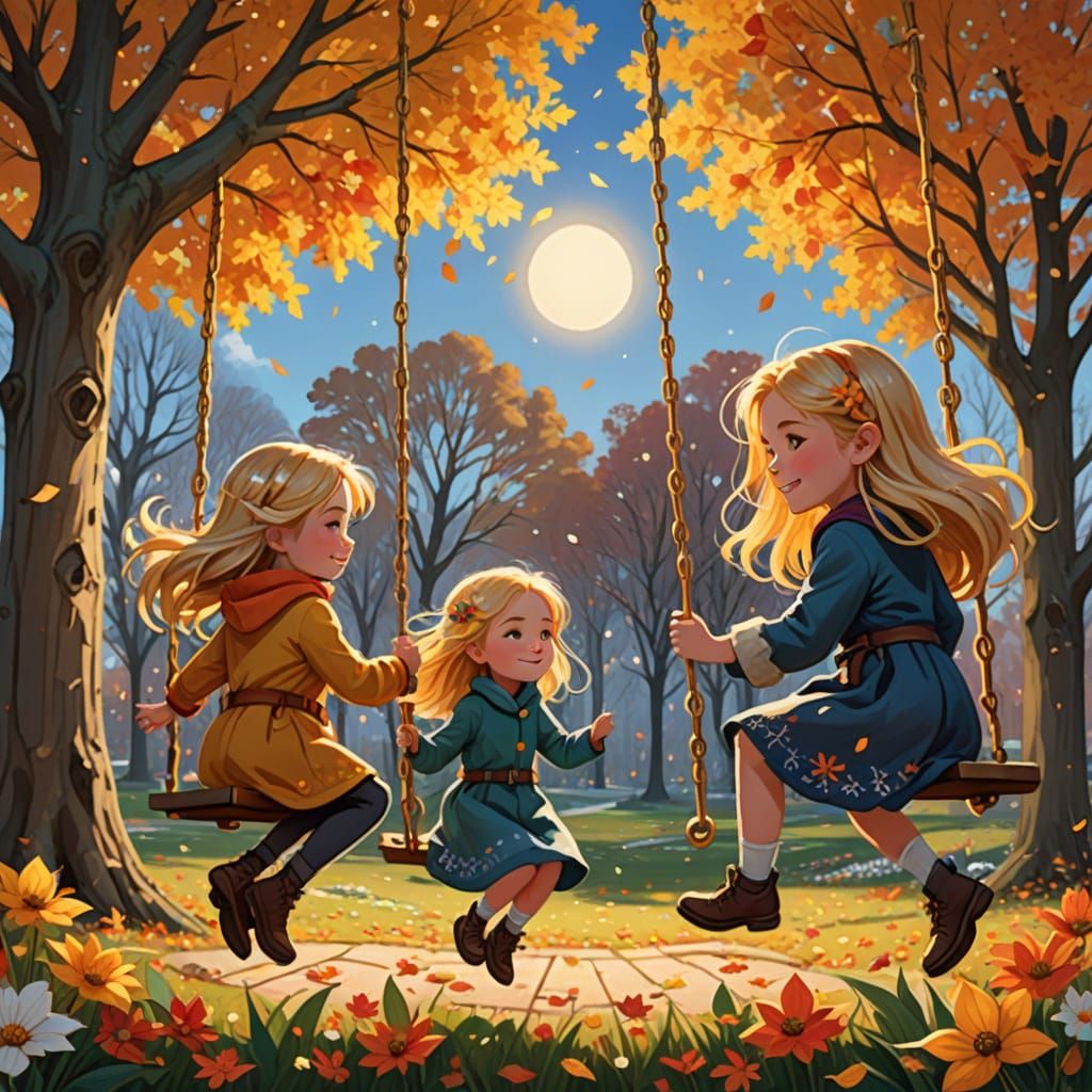 Four Seasons, Four Girls on Swings in Vibrant Illustration