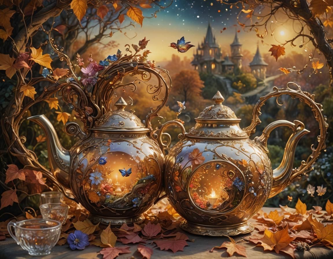 Starlit Autumn Landscape Poured from Teapot: Fantasy Portrai...
