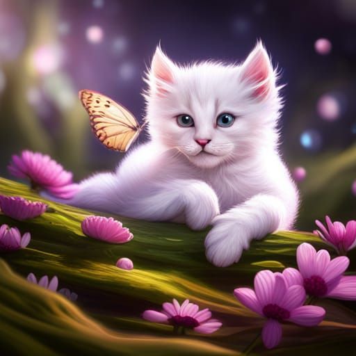 Cartoon Kitten Playing with Butterfly, Digital Art