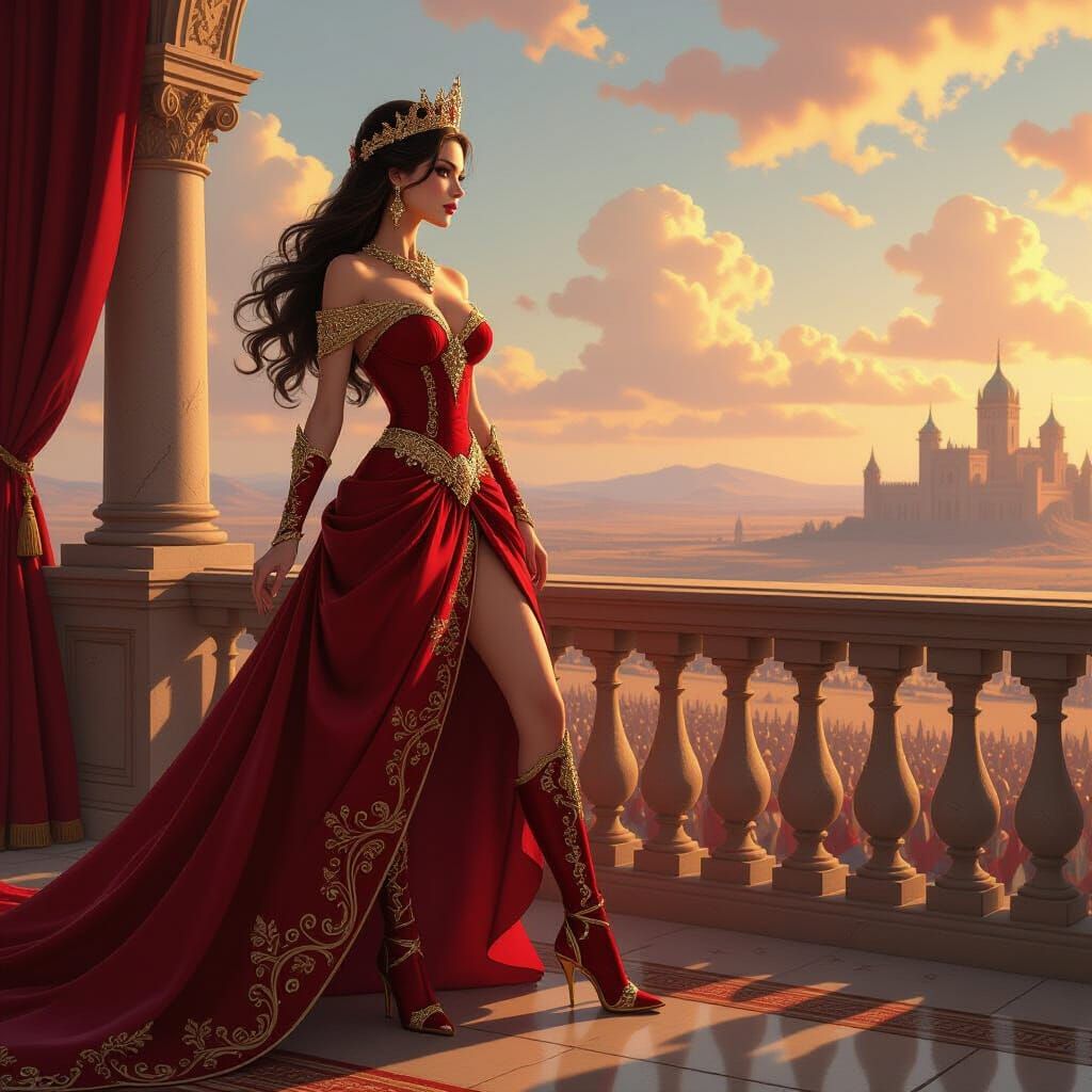 Regal Queen on Balcony Overlooking Battlefield