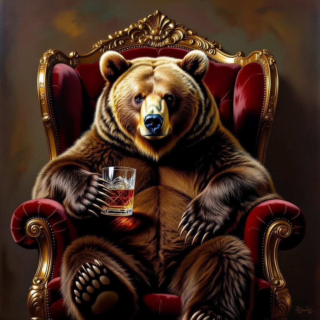 Grizzly Bear in Armchair: A Baroque Oil Painting