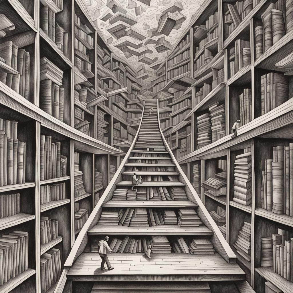 Surreal Library Stairways in Escher Style