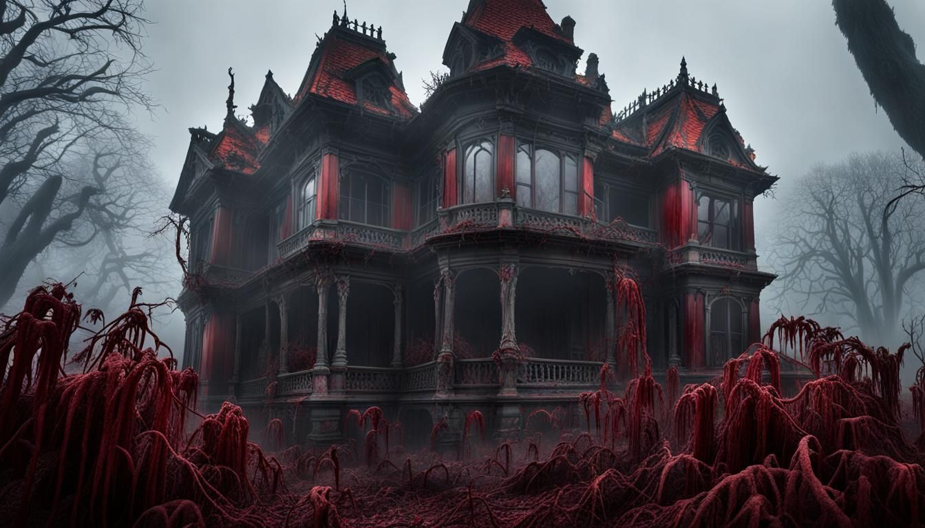 Gothic Haunted Mansion with Red Moon, Detailed