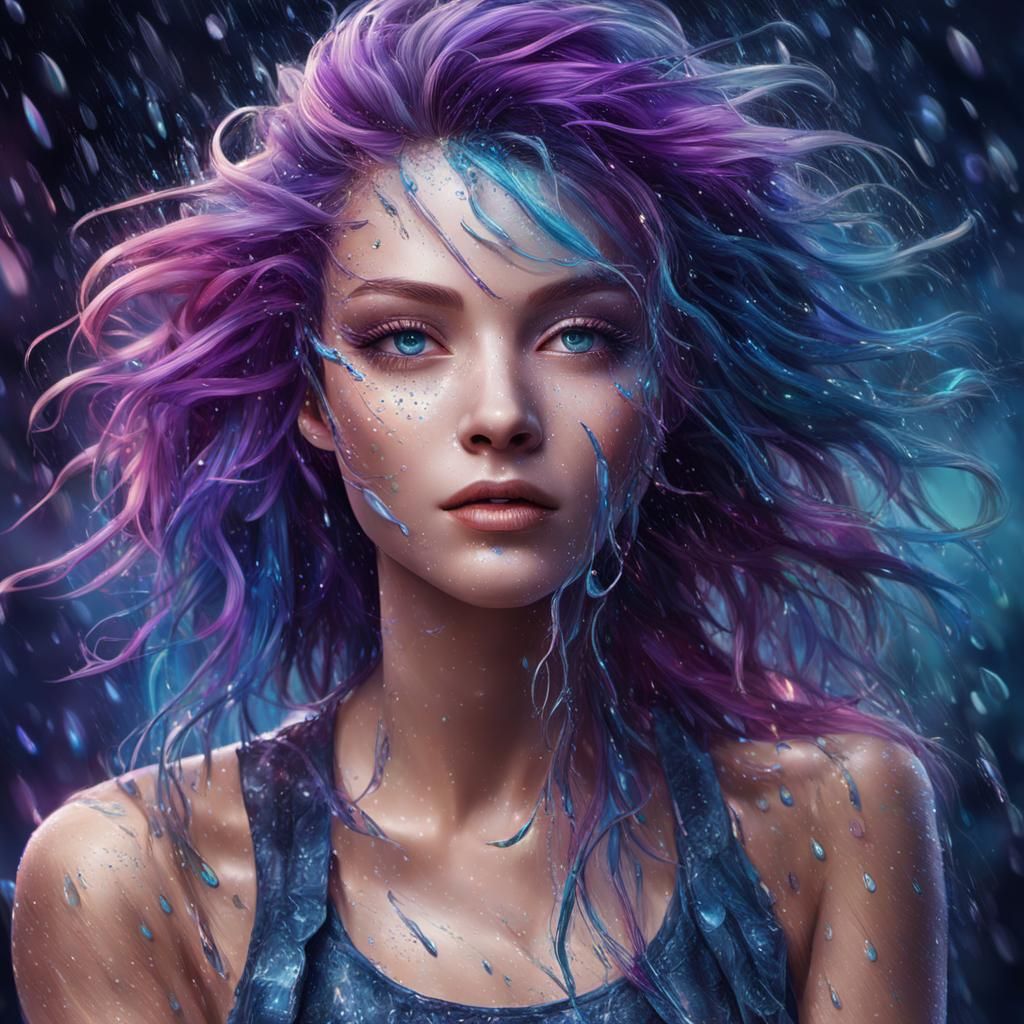 Surreal Digital Portrait of a Woman with Wind-Swept Hair and...