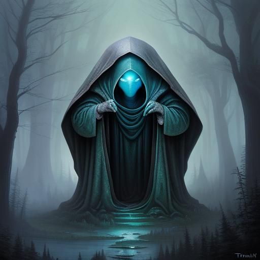 Ethereal Hooded Alien Creature in Mist