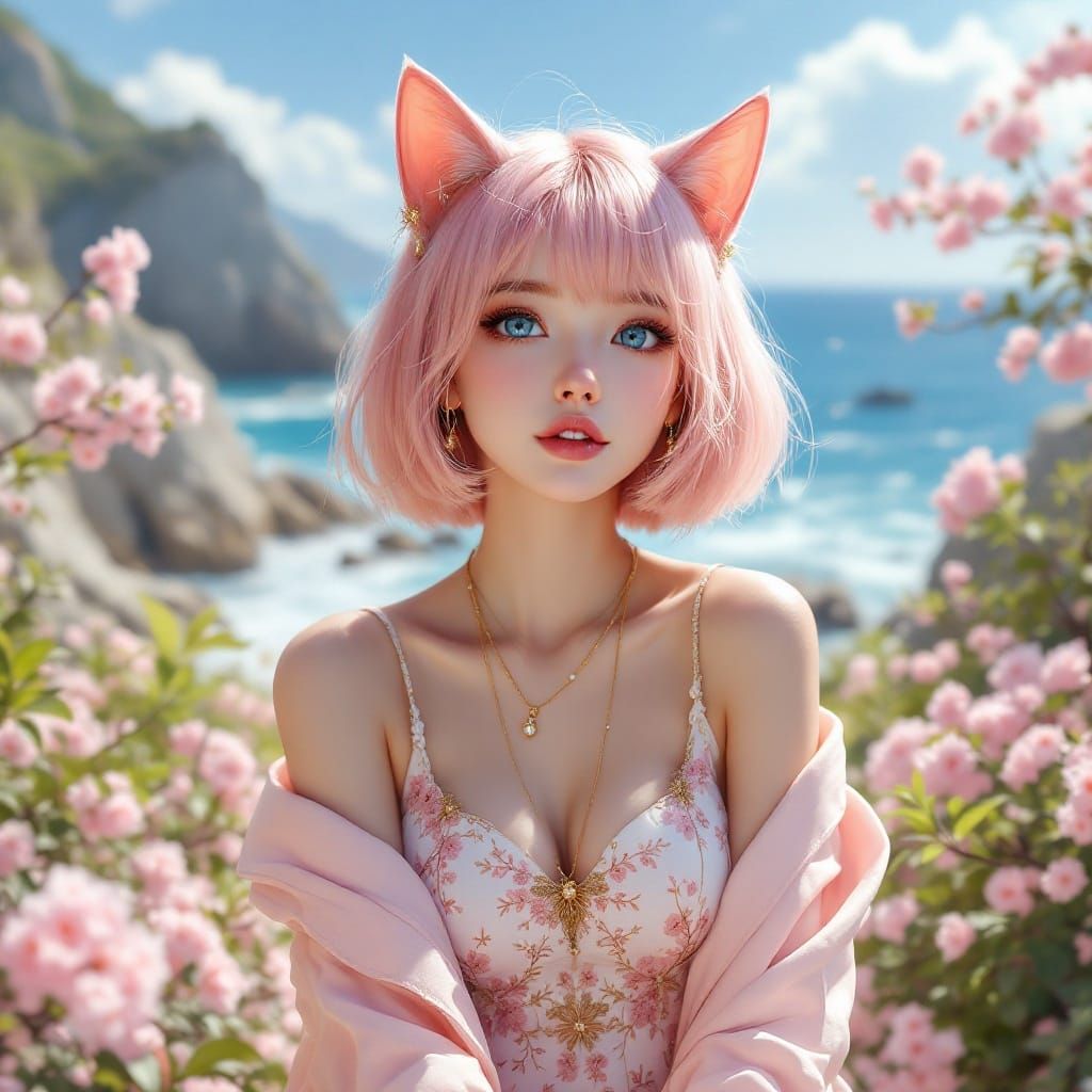 Anime Catgirl in Seaside Cherry Blossom Garden