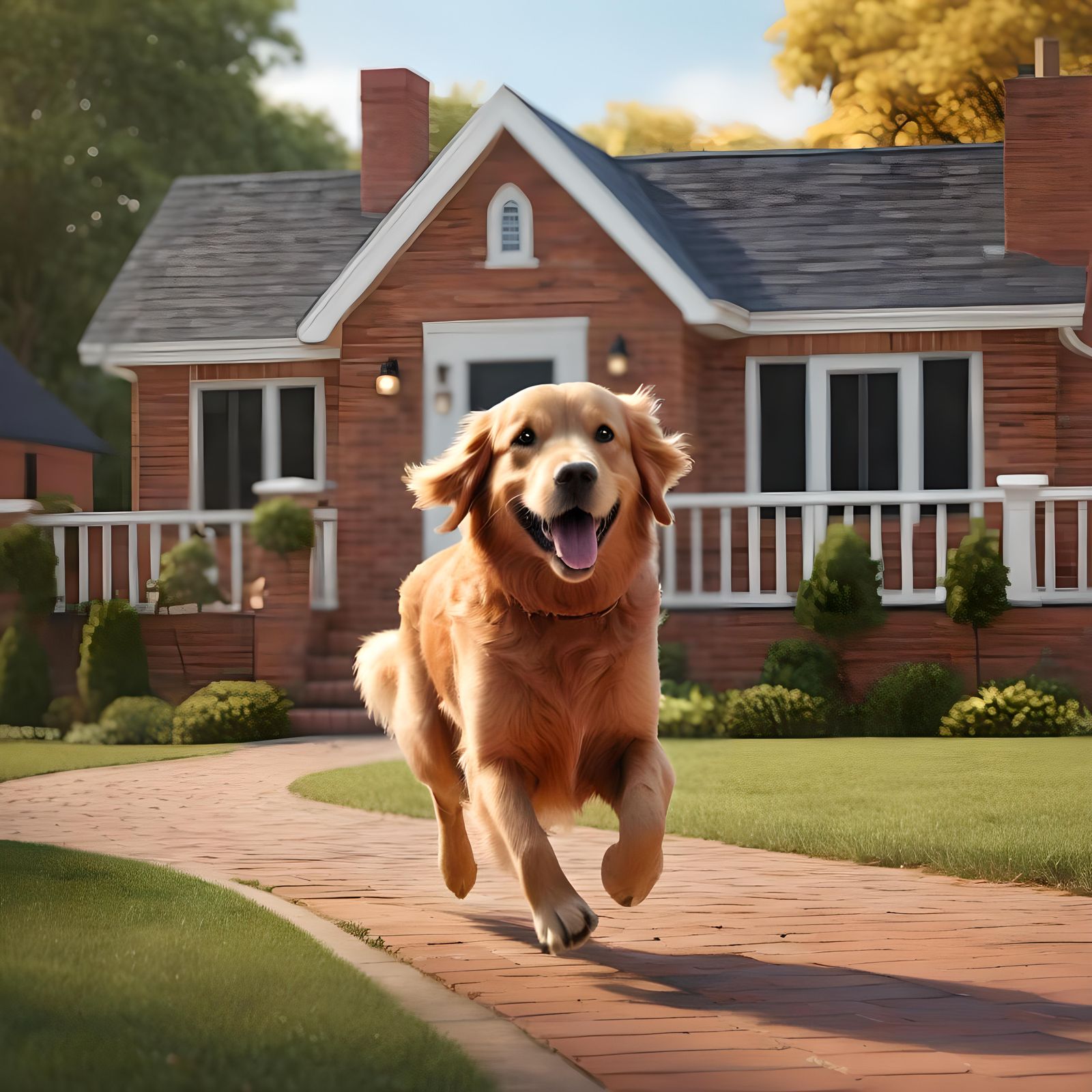 Joyful Golden Retriever Greets at Brick Bungalow