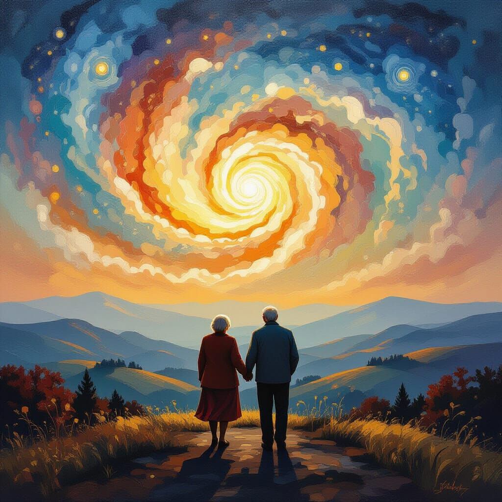 Elderly Couple Gazes at Swirling Nebula in Golden Hour