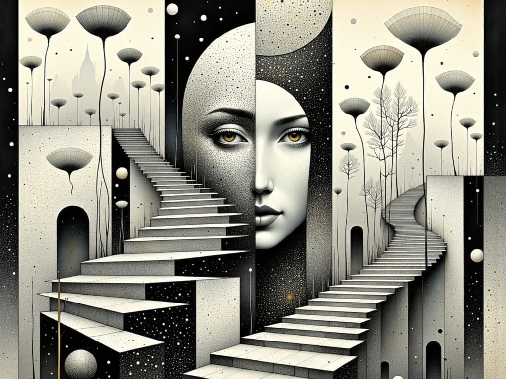 Surreal Carnival Masks in Escher-Inspired Geometric Harmony ...