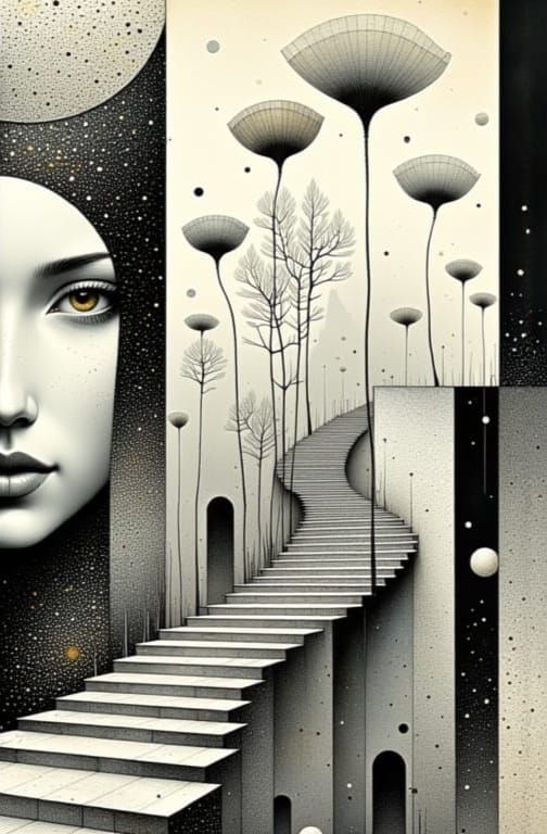 Escher-Inspired Carnival Scene with Poppy Flowers and Klimt ...