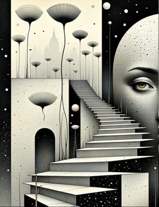Surreal Carnival Scene with Escher-Inspired Architecture and...