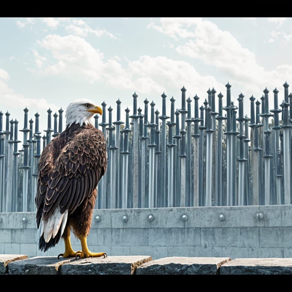 Majestic Eagle Contemplates an Arsenal in a Medieval Hall of...