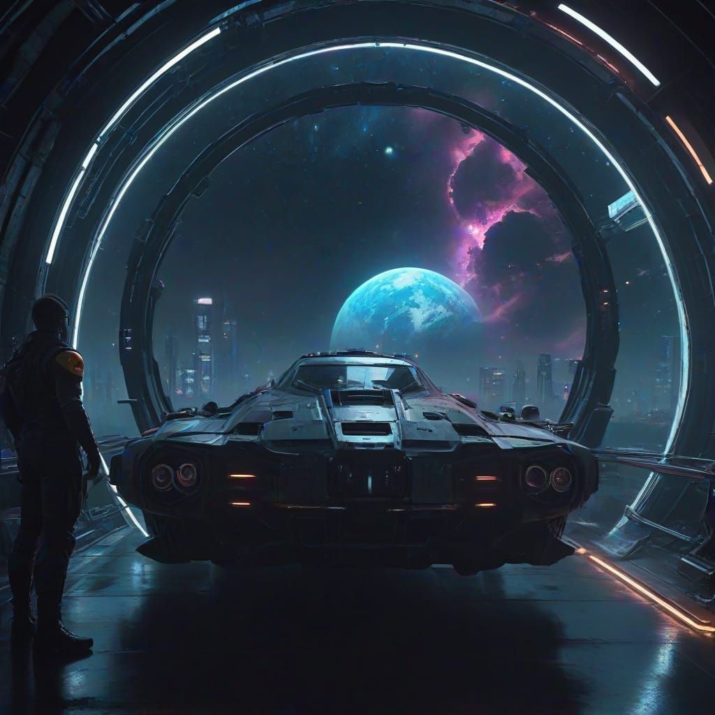 Starship Discovery in a Cyberpunk Nebula