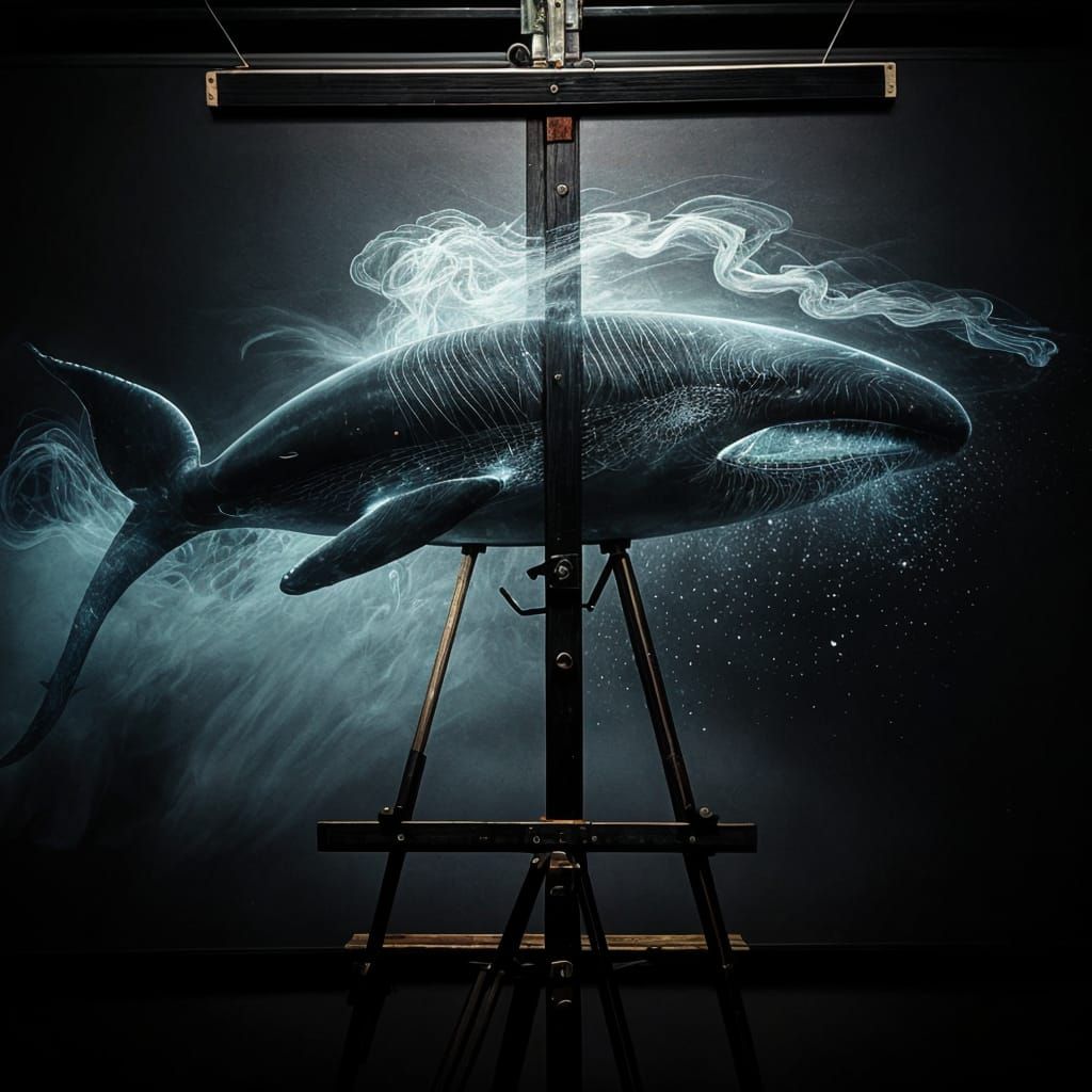 Black Whale Smoke Tendrils Painting with Golden Highlights
