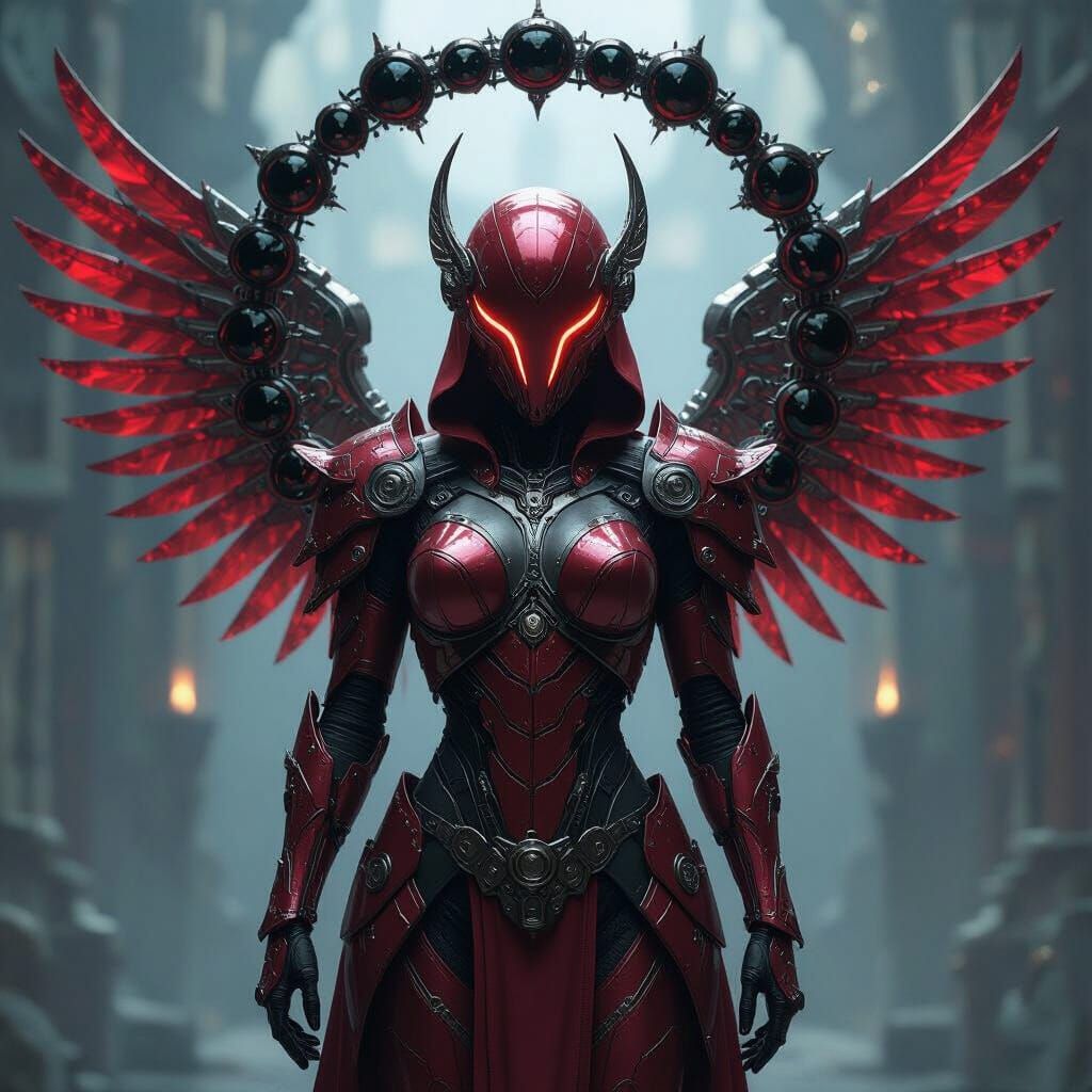 Cybernetic Angel with Eye Halo in Dark Futuristic Style