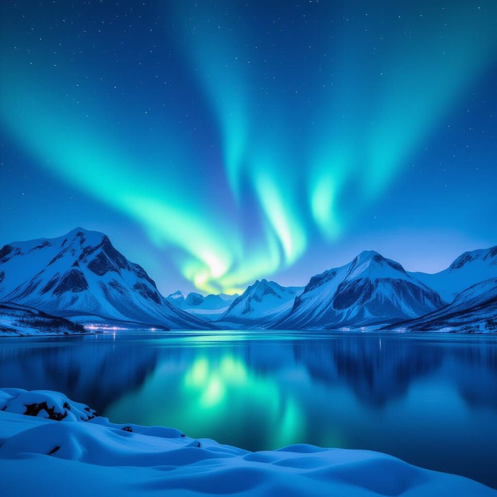 Aurora Borealis Over Snowy Fjord Landscape