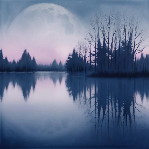 Moonlit Lake Nocturne in Dreamy Watercolor Style