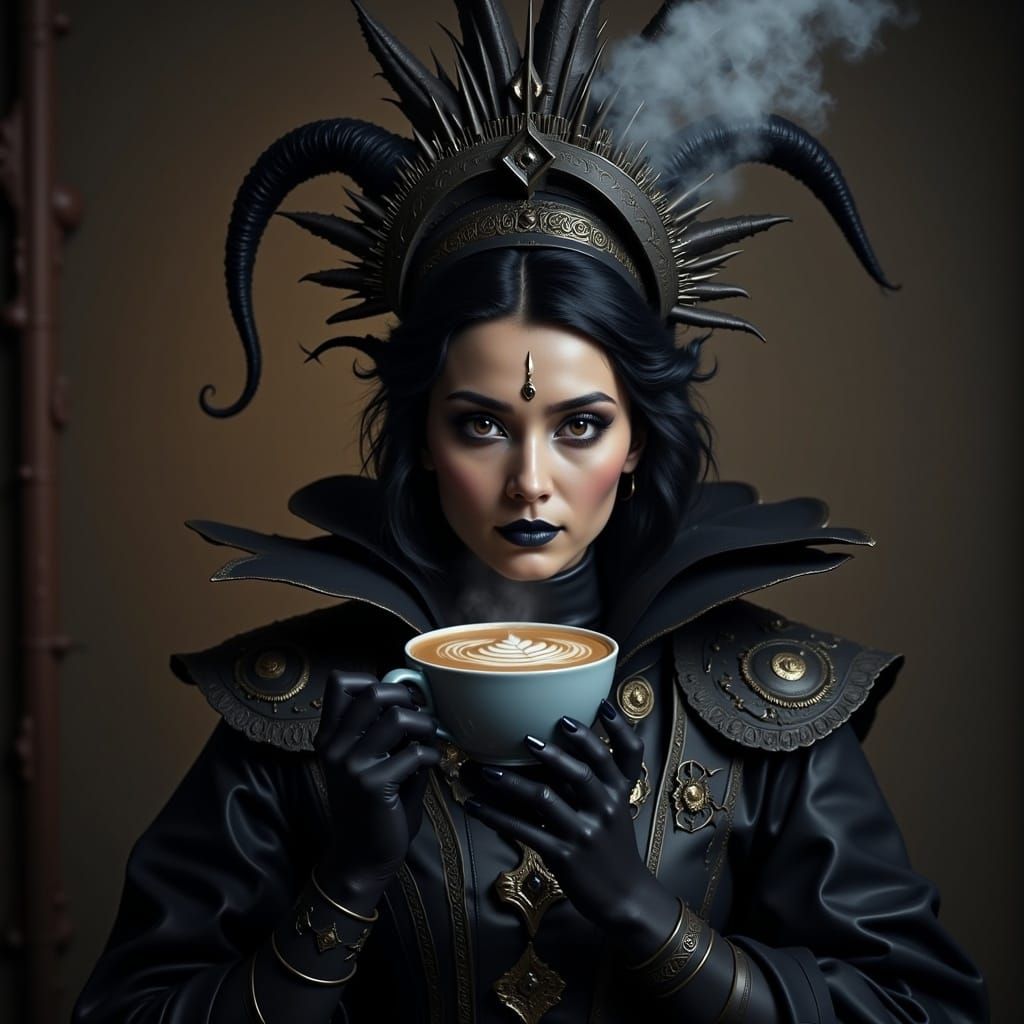 Moody Portrait of a Dark Hero with Cappuccino