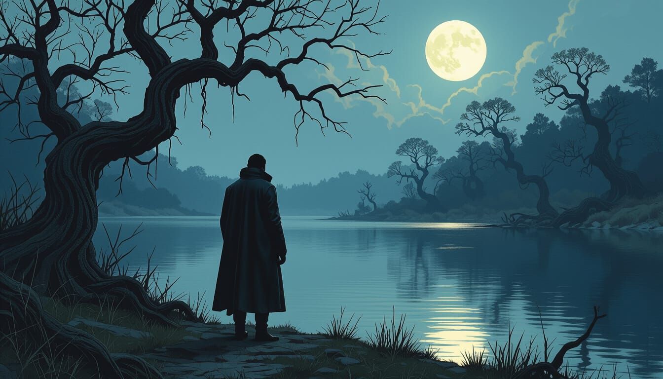 Lone Figure by Moonlit Lake in Vintage Futurist Style
