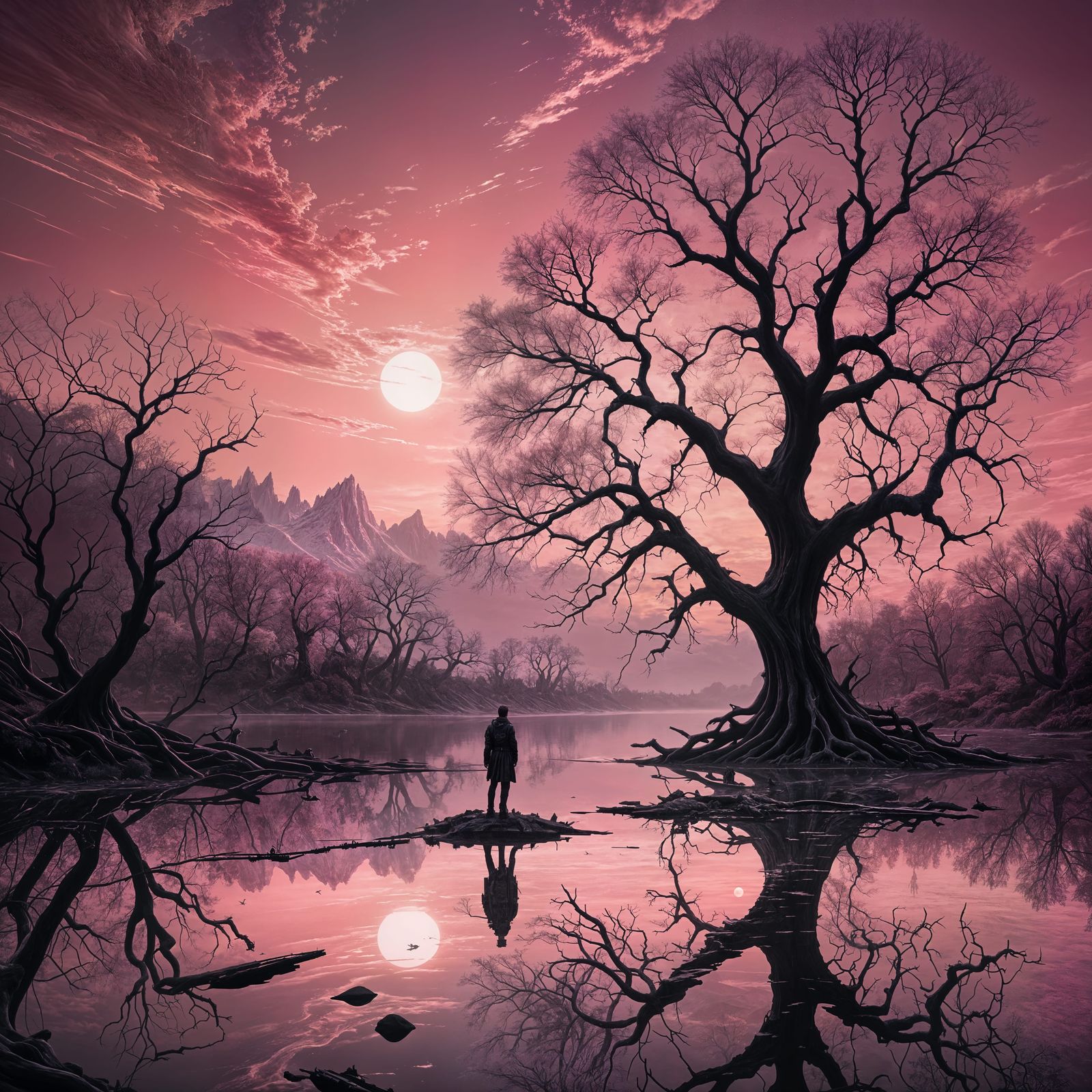 Monochrome Pink Sunset: Detailed Matte Painting