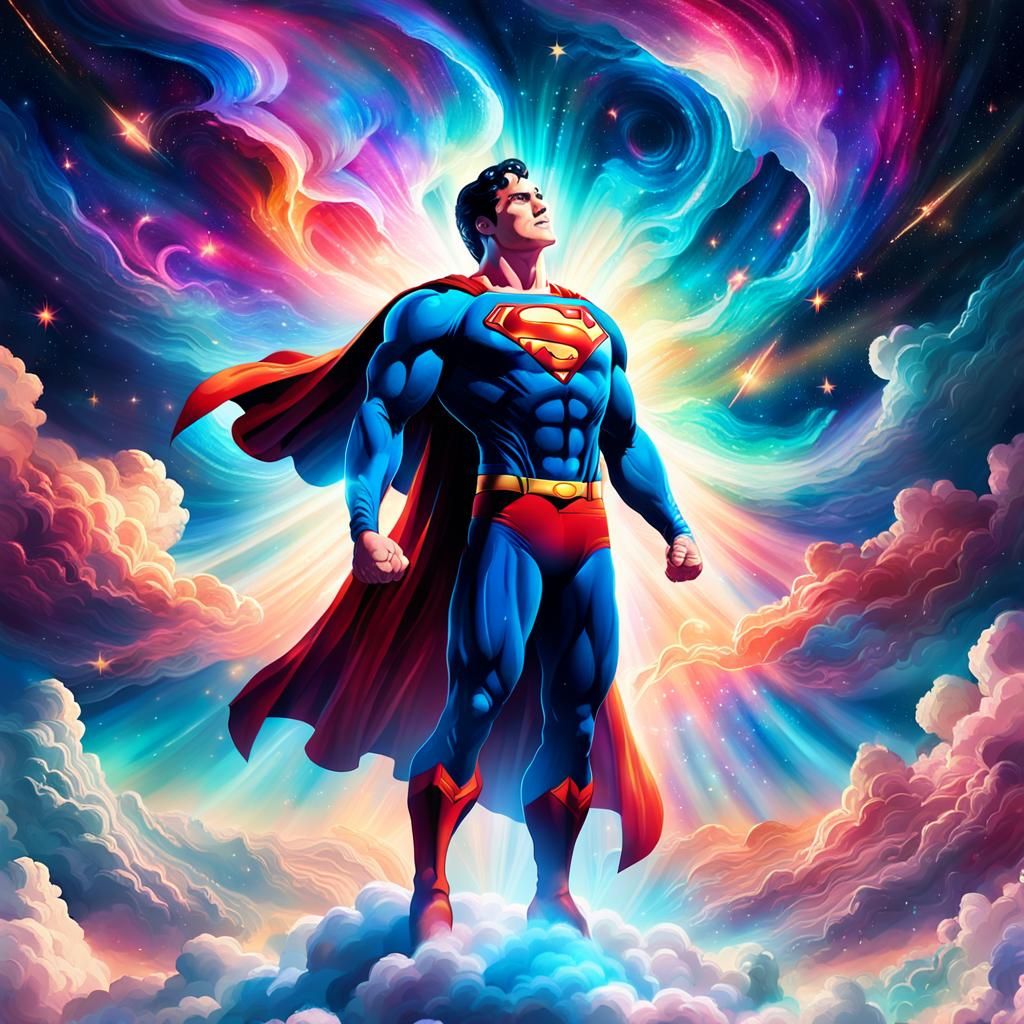 Superman in Cosmic Astral Landscape, Mixed Media Illustratio...