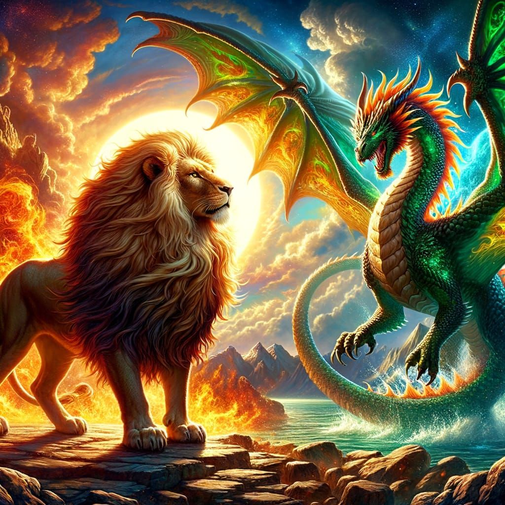 Majestic Lion and Dragon in Epic Standoff