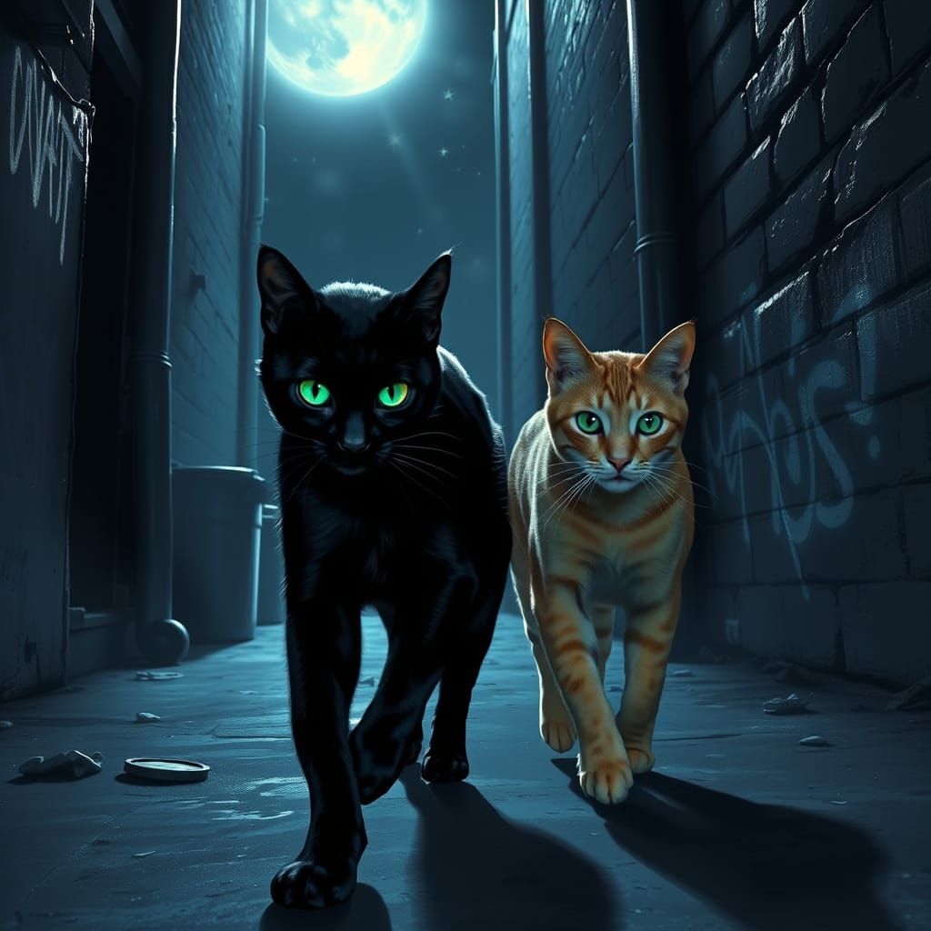 Starlight Prowl: Cats in a Moonlit Neo-Noir Alley