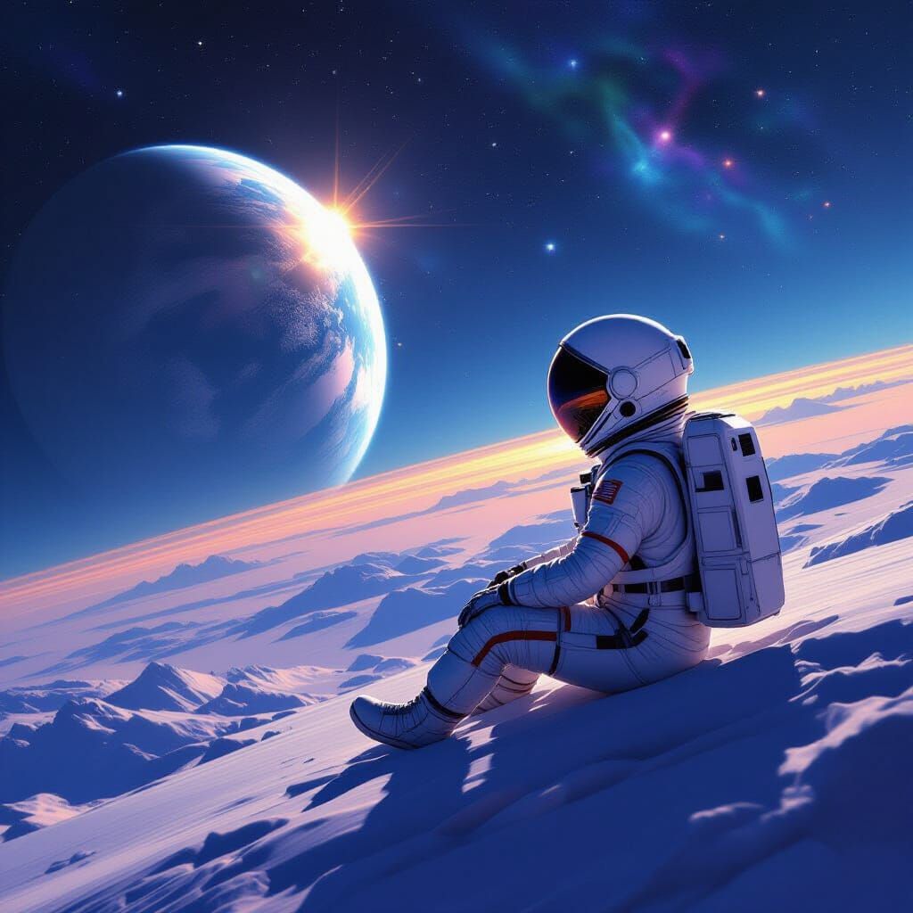 Astronaut Adrift in Cosmic Nebula, Earth in Distance