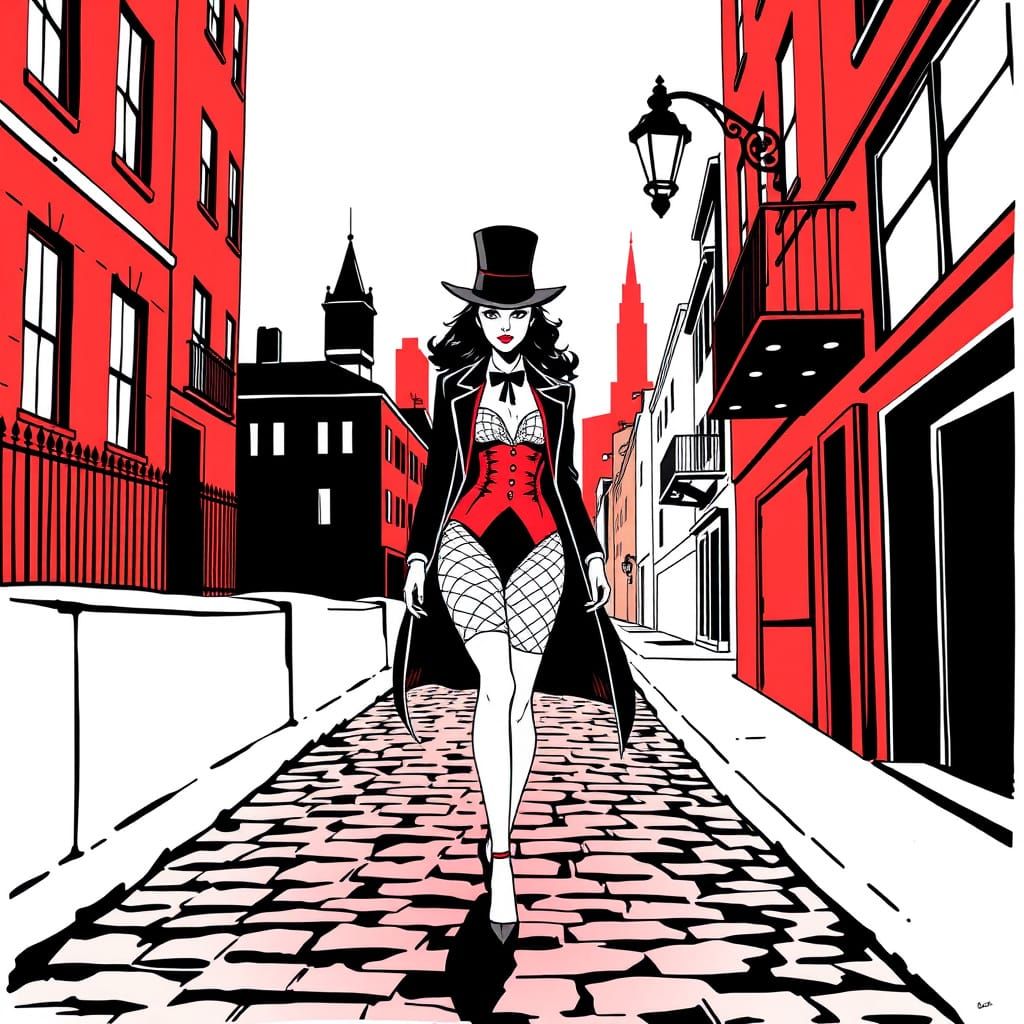 Zatanna Comic Art in Red, White, and Black