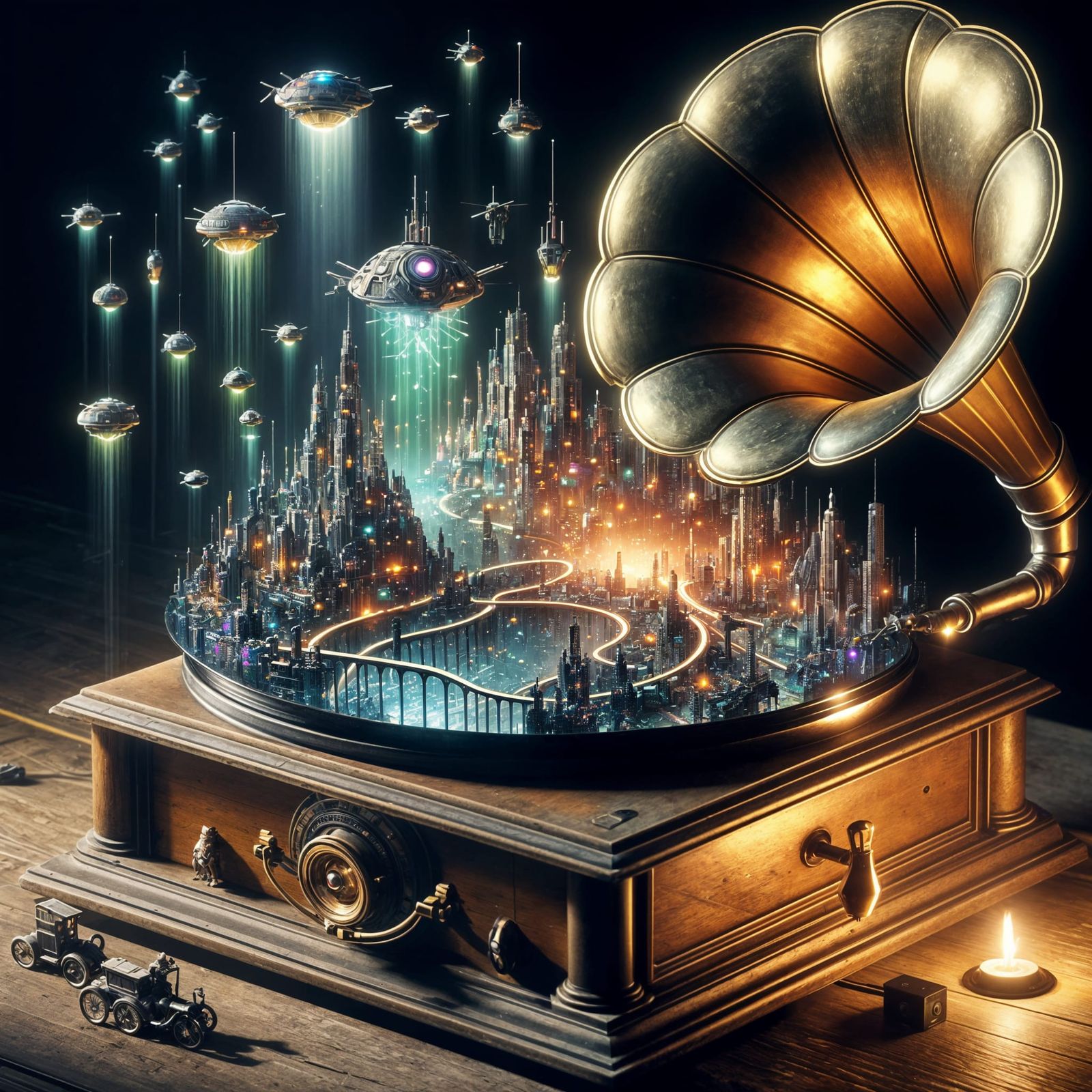 Cyberpunk City Inside Antique Gramophone