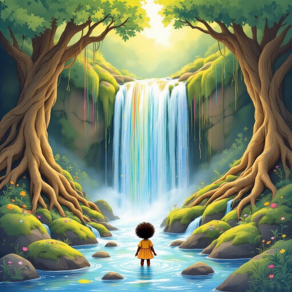 Fantastical Waterfall of Colorful Threads in Storybook Style