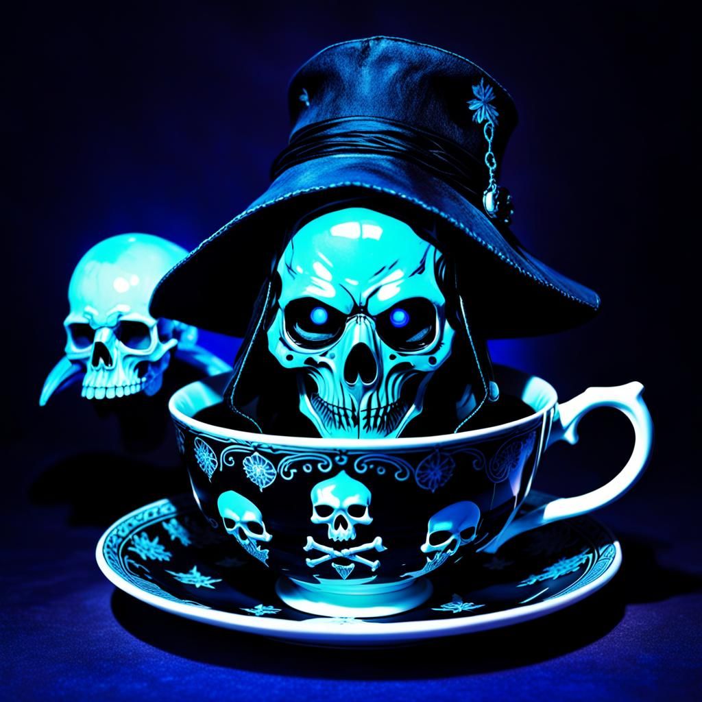 Plague Doctor in Skull Teacup Under Blacklight