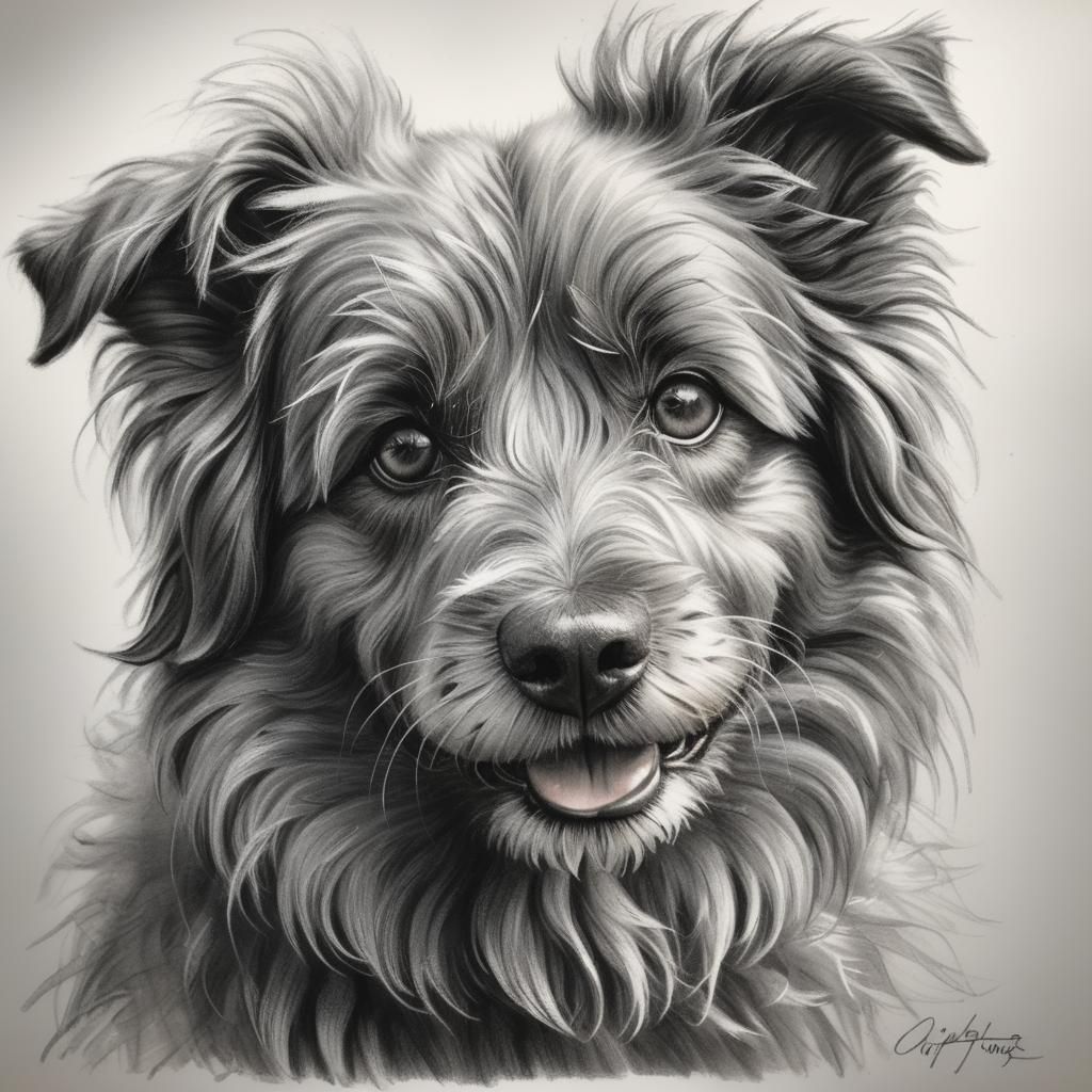 Detailed Charcoal Portrait of a Happy Shaggy Dog