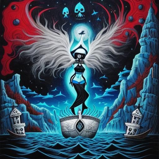 Charon Ferries a Soul in Folk Art Style