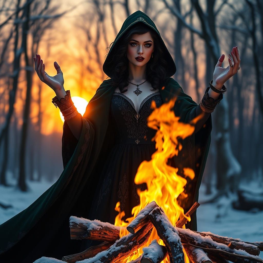 Regal Witch Woman Casts Ancient Spell in Snowy Woods