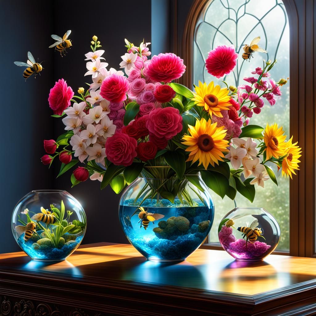 Still Life Flowers in a Vase Aquarium. 2