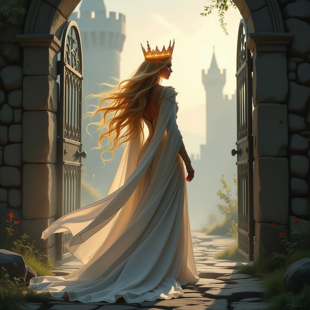 Immortal Queen Before Ancient Gate, Epic Fantasy Art