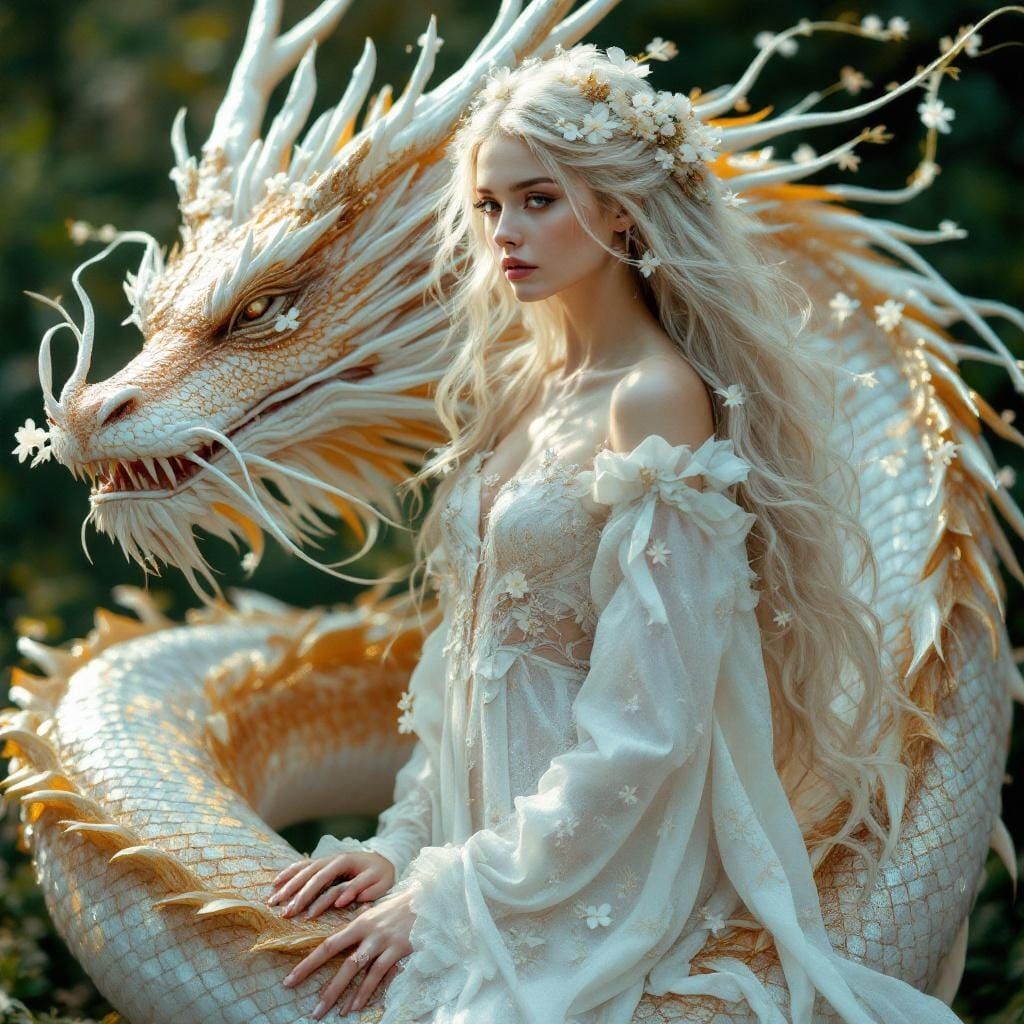 Ethereal Woman Rides Dragon with Iridescent Scales